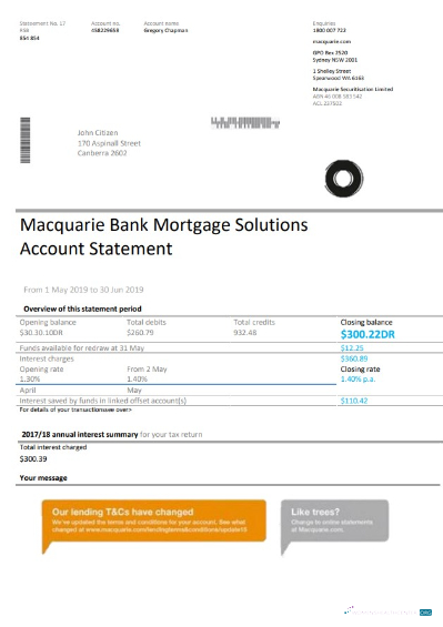 Download Australia Macquaire proof of address bank statement word